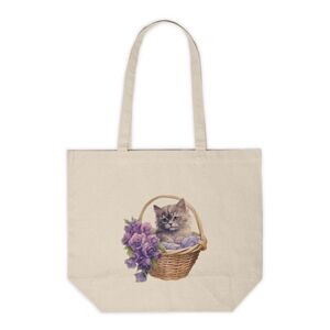 Floral Cat in a Basket Custom Canvas Tote Bag